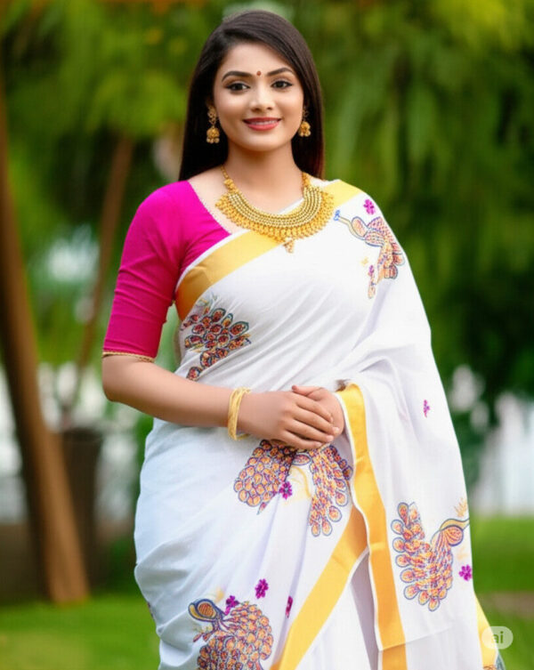 Kerala Saree with Peacock Print