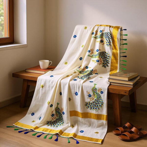 Onam Saree with Peacock Print.