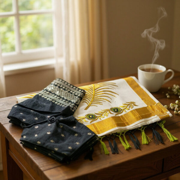 Elegantly Embroidered Kerala Saree with Sequin Blouse