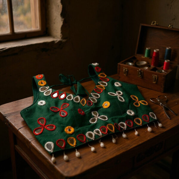 Bohemian-Chic Emerald Green Blouse with Mirror and Thread Work